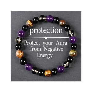 Natural Tiger Eye & Amethyst Beaded Bracelet, Stretchy Healing Crystal B…